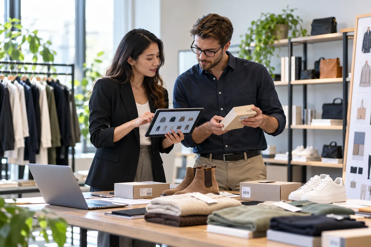 A buyer and supplier reviewing product information and retail requirements.